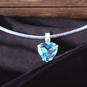 Sterling Silver Choker Necklace Collar Blue Topaz Heart Pendant 17"
